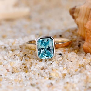 Solid Gold 3mm Width Two Tone Radiant Cut Lab Grown Blue Sapphire Engagement Ring, Solitaire Bezel Ring, Anniversary Birthday Gift for Women