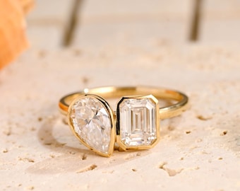 Solid Gold Toi et Moi Ring, Emerald Cut Pear Moissanite, Two Stone Ring