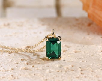 Solid Gold Lab Emerald Necklace, Birthstone Solitaire Necklace, Anniversary Gift for Her, 07U1-A