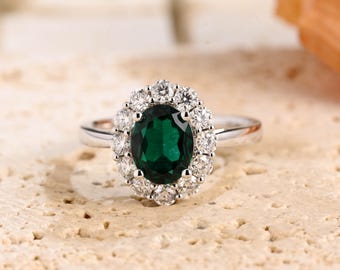 Solid Gold Oval Cut Lab Grown Emerald Engagement Ring, Floral Halo Vintage Promise Ring,  Anniversary, Birthday, Valentine’s Gift for Her