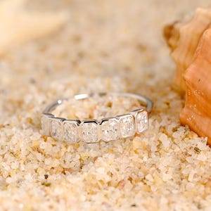 Solid Gold Radiant Cut Moissanite Wedding Band, Half Eternity Matching Wedding Ring, Bezel Ring, Birthday Valentine&#39;s Gift Ring for Women