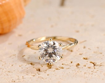 Solid Gold Twisted Rope Round Cut Moissanite Engagement Ring, Solitaire Promise Ring