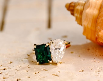 Toi et Moi Ring, Solid Gold, Emerald Cut Lab Grown Emerald & Pear Cut Moissanite Engagement Ring Birthstone Ring, Anniversary Gift for Women