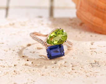 Toi et Moi Ring, Solid Gold Lab Blue Sapphire & Pear Olivine Engagement Ring, Wave Birthstone Ring, Anniversary Gift for Her