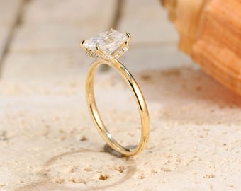 Solid Gold Radiant Cut Moissanite Engagement Ring, Hidden Halo Promise Ring, Classic Proposal Ring