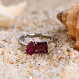 Solid Gold Asscher-cut Garnet & Pear-cut Ruby Toi et Moi Ring, Birthday Gift for Her