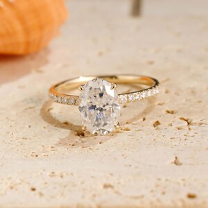 Solid Gold Oval Cut Moissanite Engagement Ring, Hidden Halo Promise Ring, Proposal Ring, Half Eternity Ring, Anniversary Gift for Woman
