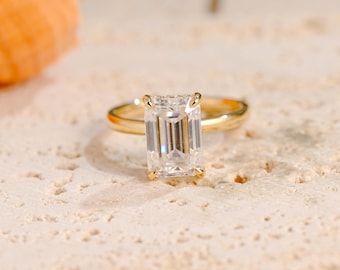 Solid Gold Hidden Halo Emerald Cut Moissanite Engagement Ring, Art Deco Promise Ring