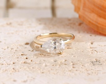 East-West Pear Moissanite Engagement Ring, Solitaire 14K Solid Gold  Ring, Danity Gold Ring, Proposal Ring, Anniversary Gift for Her/ Wife