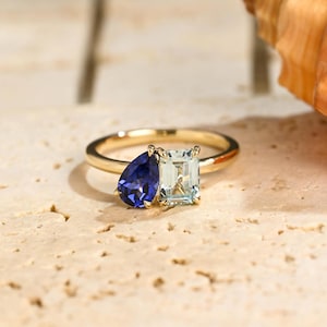 Toi et Moi Ring Solid Gold Emerald Cut Aquamarine & Pear Cut Aquamarine Engagement Ring Two Stone Ring Birthstone Anniversary Gift for Women