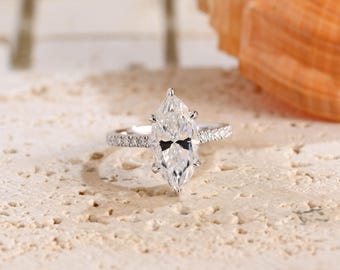 Solid Gold Marquise Moissanite Engagement Ring, Hidden Halo Promise Ring