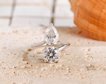 Toi et Moi Ring, Solid Gold Pear & Round Cut Moissanite Engagement Ring, Two Stone Cuff Statement Ring, Anniversary Gift for Her, Woman