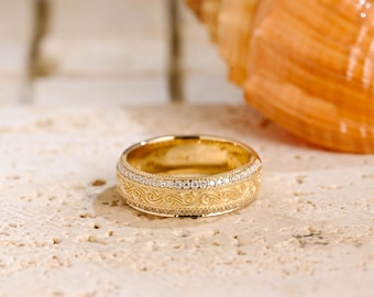 Solid Gold Filigree Moissanite Men's Ring, Hand Engraved Wedding Band