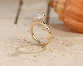 Solid Gold Hidden Halo Marquise Moissanite Engagement Ring, Anniversary Gift for Women, MR-152