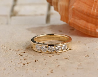 Solid Gold Men’s Wedding Band, Round Moissanite Ring, Anniversary Gift for Him