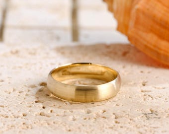 Solid Gold 5mm Satin Finish Cigar Ring, Classic Comfort Fit Band for Husband, Man's Thick Wedding Ring, Softly Rounded Ring, Birthday Gift