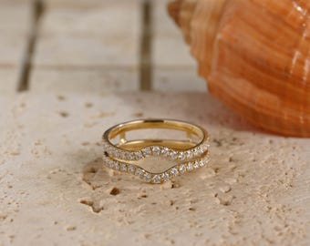 Solid Gold Moissanite Ring, Half-Eternity Enhancer Curved Band, Double Row Pave Set Wedding Band, Ring Wraps, Anniversary Gift for Woman