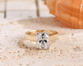 Two Tone Solid Gold Moissanite Engagement Ring, Elongated Cushion Cut, Hidden Halo