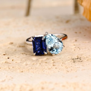 Toi et Moi Ring Solid Gold Emerald Cut Sapphire & Pear Cut Aquamarine Engagement Ring Two Stone Ring Birthstone Anniversary Gift for Women