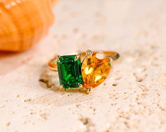 Toi et Moi Ring Solid Gold Emerald & Pear Cut Natural Citrine Engagement Ring, Two Stone Bridal Ring