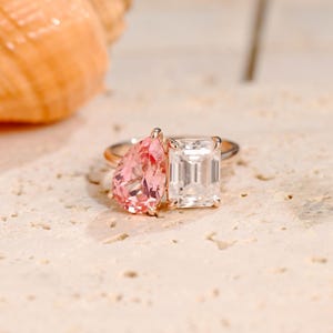 Solid Gold Toi et Moi Emerald Cut Moissanite & Pear Cut Pink Sapphire Engagement Ring Two Stone Promise Ring Anniversary Gift for Woman Wife