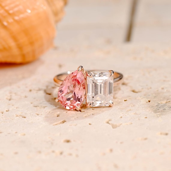 Toi et Moi Ring Solid Gold Emerald Cut Moissanite & Pear Cut Pink Sapphire Engagement Ring