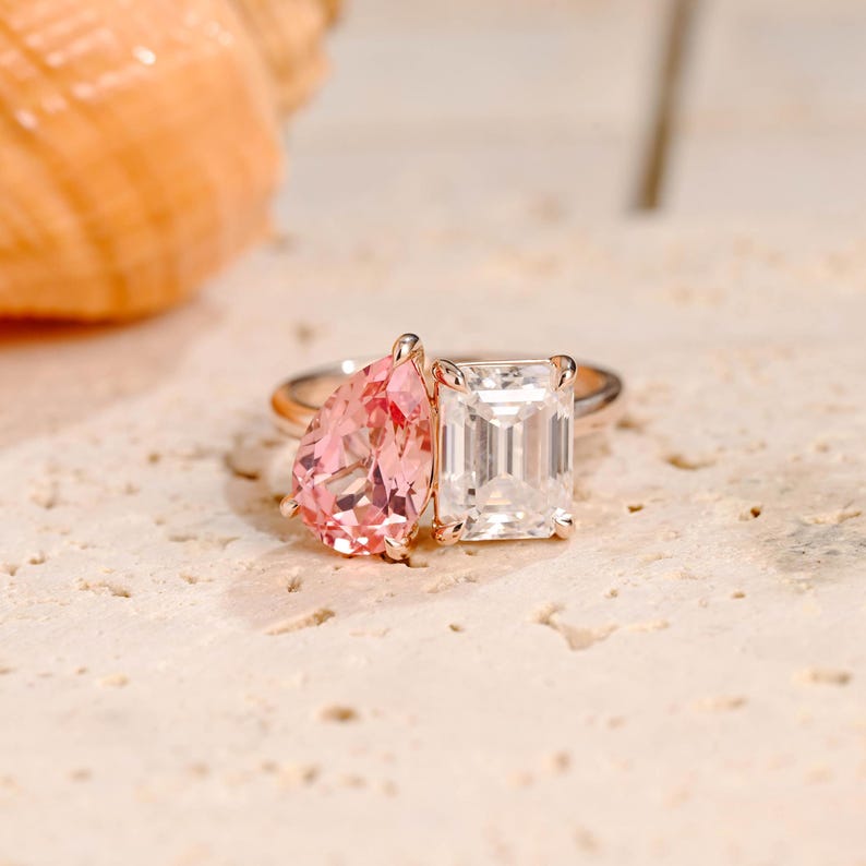 Solid Gold Toi et Moi Emerald Cut Moissanite & Pear Cut Pink Sapphire Engagement Ring Two Stone Promise Ring Anniversary Gift for Woman Wife