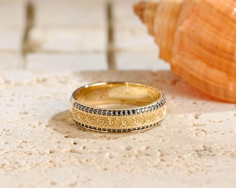 Solid Gold Black Moissanite Men's Ring, Antique Filigree Wedding Band