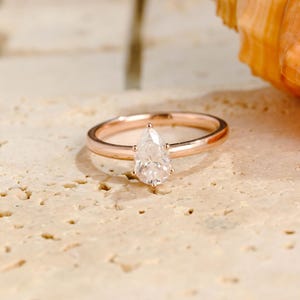 Solid Gold Pear Moissanite Engagement Ring, Hidden Halo Ring, Promise Ring, Danity Gold Ring, Proposal Ring, Anniversary Gift for Women