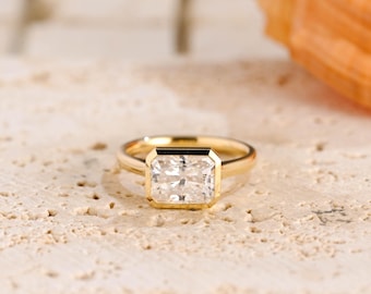 Solid Gold Radiant Cut Moissanite Engagement Ring, Bezel Minimal East-West Ring, Anniversary, Birthday, Valentine’s Gift for Her, Woman