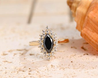 Solid Gold Starburst Halo Black Marquise Cut Moissanite Engagement Ring, Gothic Promise Ring, Proposal Ring, Anniversary Gift for Woman