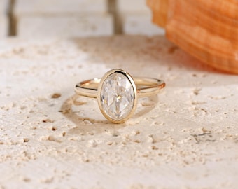 Solid Gold Bezel Rose Cut Oval Moissanite Engagement Ring, Anniversary Gift for Women