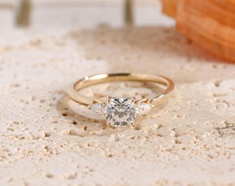 Solid Gold Cushion Moissanite Engagement Ring, Vintage Ring, Anniversary Gift for Her