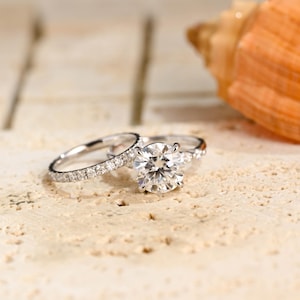 Solid Gold Round Cut Moissanite Engagement Ring, Eternity Ring, Gold Bridal Sets, Wedding Band Set, Anniversary/Birthday Gift for Women