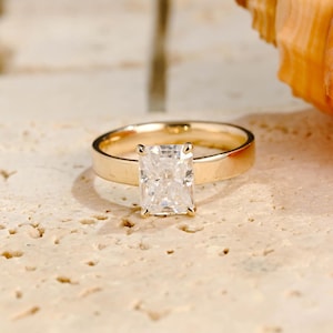 Solid Gold 3mm Width Radiant Cut Moissanite Engagement Ring, Promise Ring, Dainty Proposal Ring, Birthday Gift, Anniversary Gift for Woman
