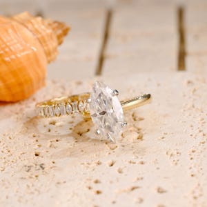 Solid Gold Marquise Cut Moissanite Engagement Ring, Full Pave Marquise and Emerald Eternity Band, Cathedral Ring, Anniversary Gift for Wife