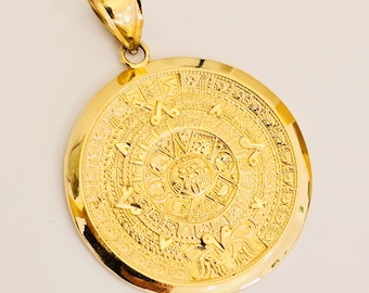14k Solid Yellow Gold Aztec Mayan Calendar Pendant for Necklace