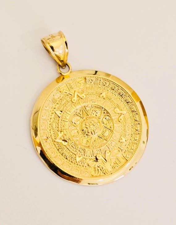 14k Solid Yellow Gold Aztec Mayan Calendar Pendant for Necklace