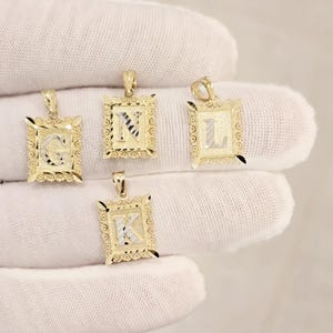 Initial Necklace Square 14k 2 Tone Solid Real Gold A to Z Pendant 12x15 mm