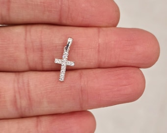 14k Solid White Gold Small Cross With White CZ Stone for Necklace 8x14 mm