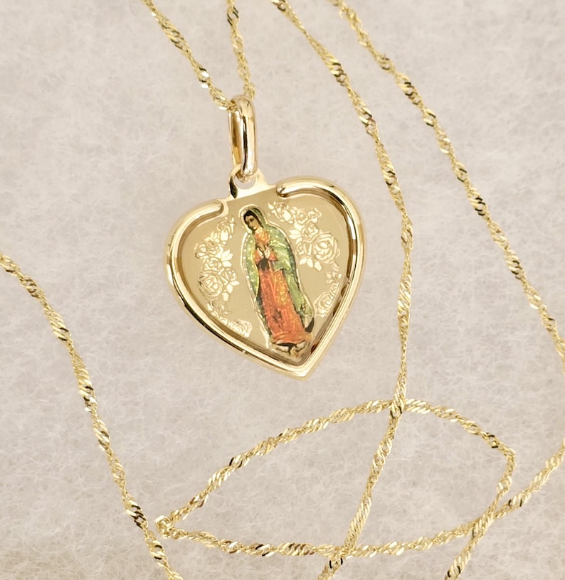 Virgin Mary Heart Necklace 14k Solid Yellow Gold Guadalupe Religious ...