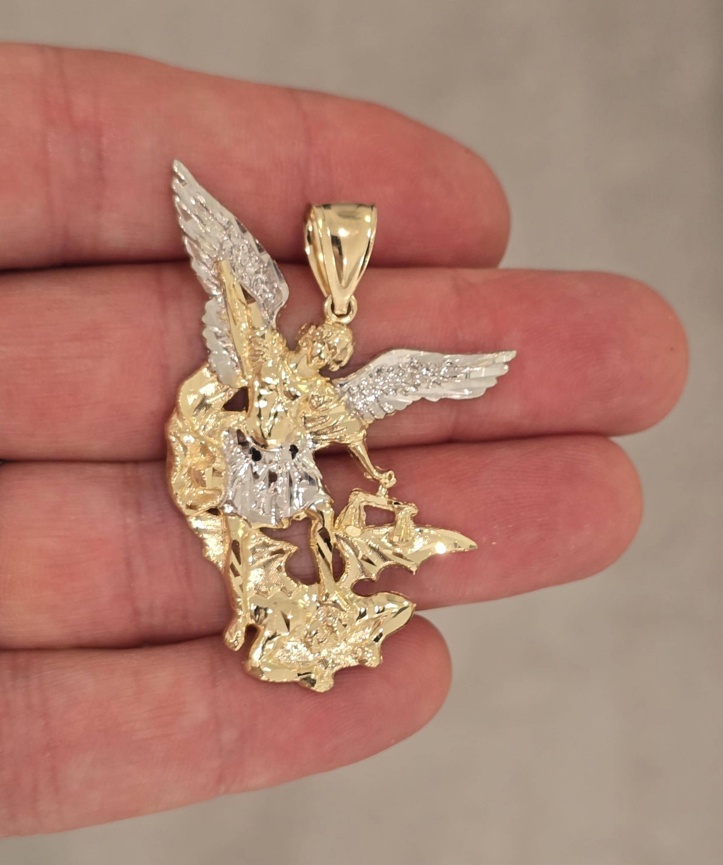 14k Solid Gold St. Michael Pendant – Large 2.5" Italian Gold – Unisex, Multi-Tone
