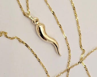 14k Real Yellow Solid Gold 3D Italian Horn Good Luck Pendant For Necklace Men & Women