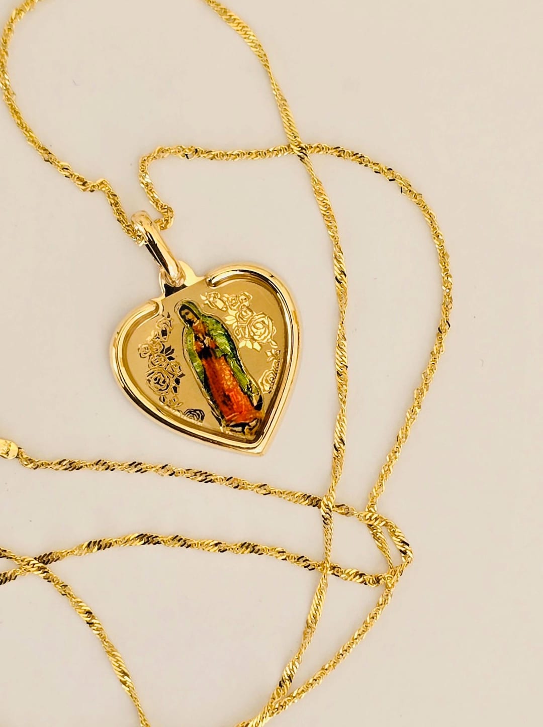 Virgin Mary Heart Necklace 14k Solid Yellow Gold Guadalupe Religious ...