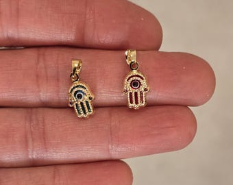14k Yellow Gold 3D Good Luck Evil Eye Hamsa Small Charm Pendant for Necklace 12x18 mm
