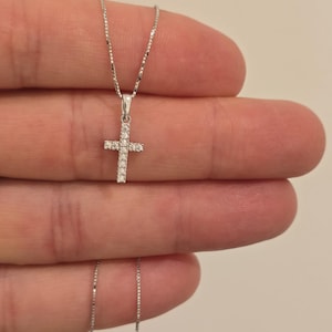 14k Solid White Gold Small Cross With White CZ Stone for Necklace 8x14 mm