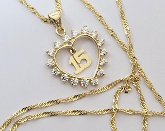 14k Solid Yellow Gold Quince 15 Anios Heart Corazon CZ Pendant 16x18 mm
