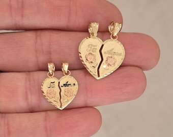 14k Solid 2 Tone Real Gold Te Amo Flower Heart Flor Corazon Pendant Necklace