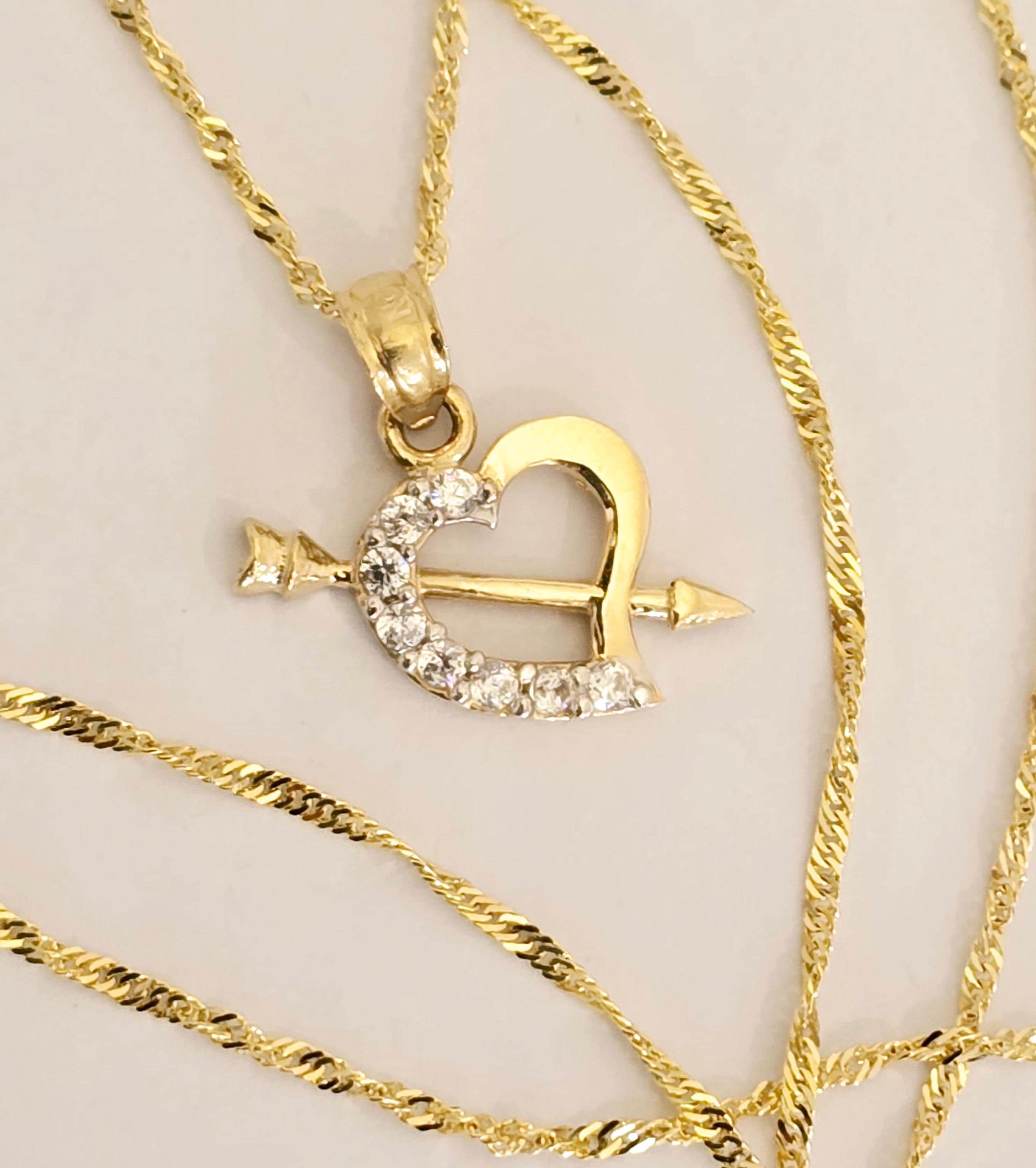 14k Solid Gold Heart Arrow CZ Pendant Necklace - Etsy