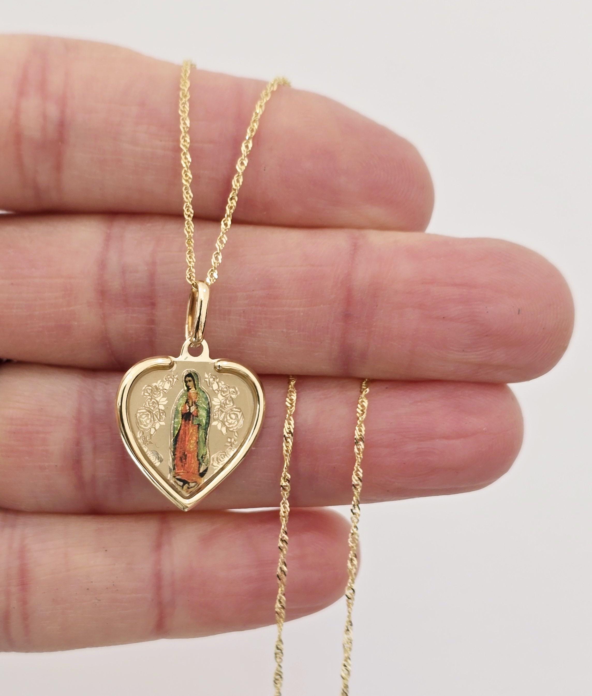 Virgin Mary Heart Necklace 14k Solid Yellow Gold Guadalupe Religious ...